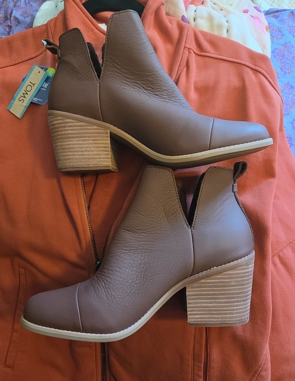 TOMS Women's Brown Leather Stacked Heel Ankle Booties